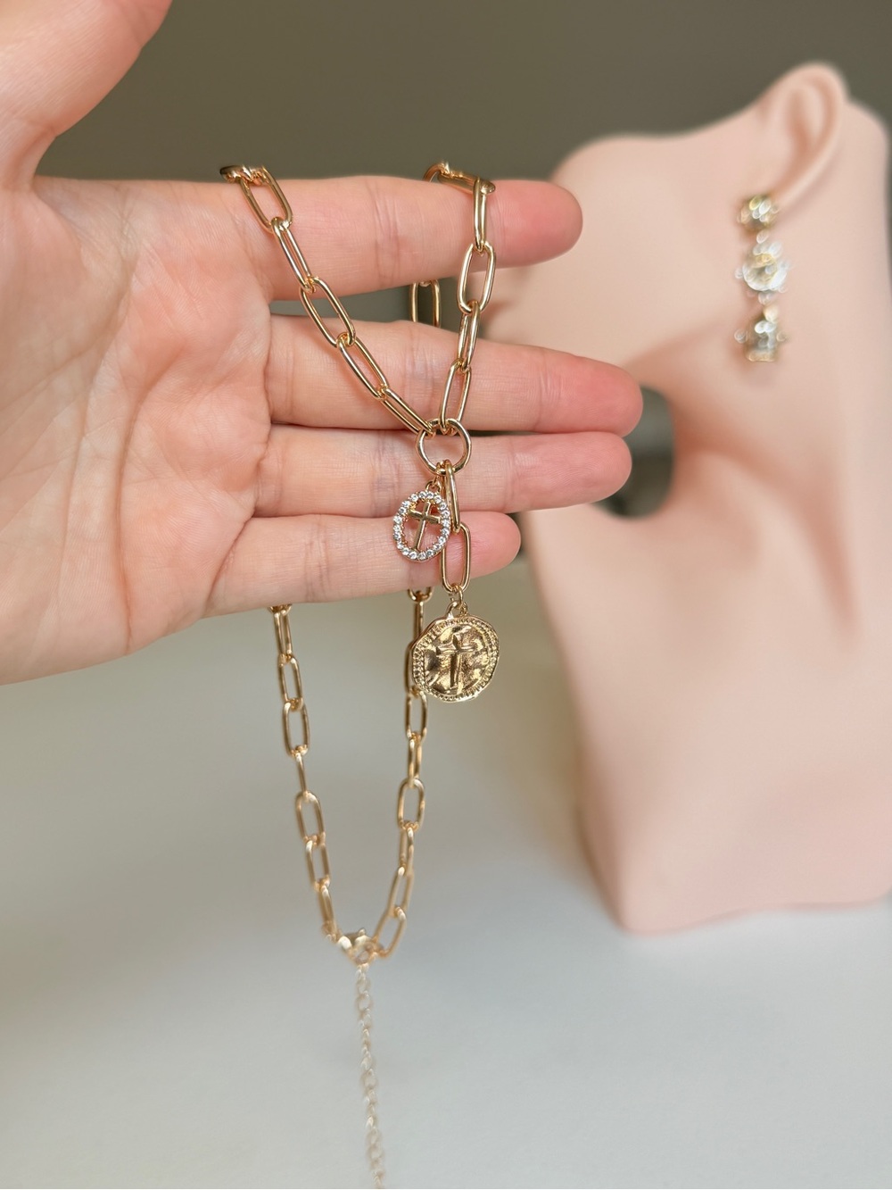 Gold-Tone Link Necklace with Cross Coin and Crystal Charm - Picture 8 of 10